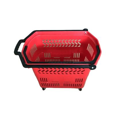 China Sustainable Hot Sale Shopping Deli Plastic Vegetable And Fruit Basket With Wheels And Handle For Supermarket for sale