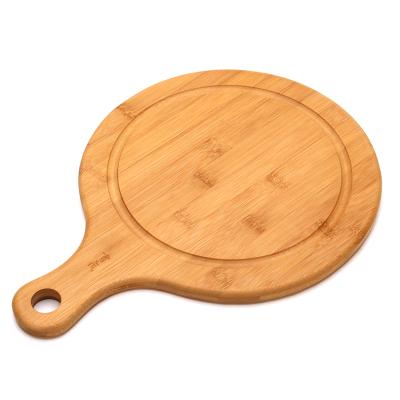 China Sustainable High Quality Round Bamboo Pizza Peel Paddle Serving Cutting Board With Handle for sale