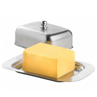 China Double Covered Butter Stocked Stainless Steel Cheese Tray Box Container Dish With Easy To Hold Lid Butter Dish Box for sale