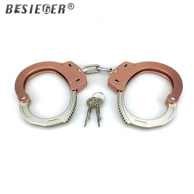 China Handcuffs: new 6061-T6 double fan lock aluminum alloy metal steel handcuffs, reliable high strength rose gold police handcuffs for sale