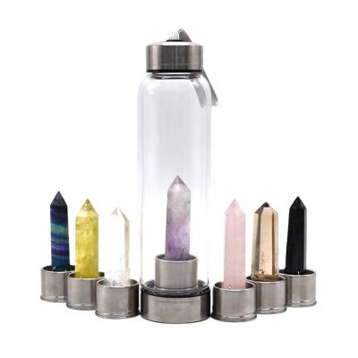 China New Design Stocked Crystal Glass Water Bottle with Natural Gemstone Center Elixir Crystal Point Healing Bottle for sale