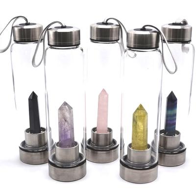 China Crystal Elixir Glass Water Bottle stocked with Amethyst gemstone healing Crystal Infused Obelisk Wand Energy for sale