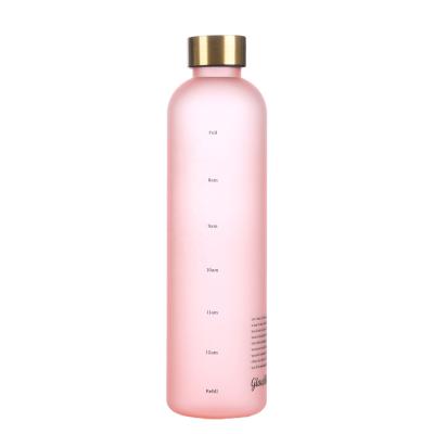 China Glow Bottle Stocked Motivational Water Bottle With Time Marker 1 Liter 32OZ BPA Tritan Free Frosted Plastic Bottle for sale