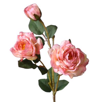 China O-X497 Wholesale Eco-friendly Artificial Fall Rose White Fade Bakerpure Peony 3 Forks Vintage Dusty Rust Artificial Rose Flower For Wedding for sale