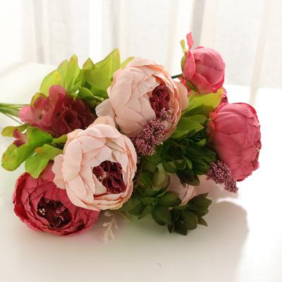 China Vintage style D-P001 real touch peony bouquet European artificial silk flower rose silk peony flowers for sale