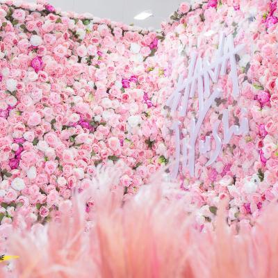 China O-W001 Eco-Friendly Customized Wedding Decor 3D Roll Up Fabric Flower Walls Rose Hydrangea Wedding Artificial Silk Flower Wall Panel Backdrop for sale