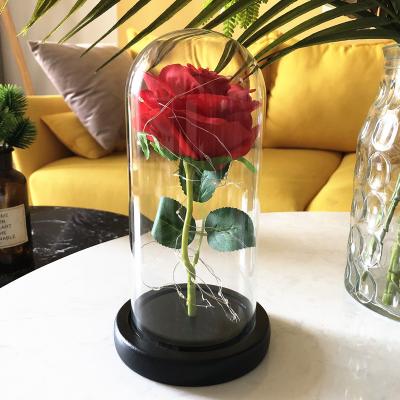 China Wholesale Fashional C-GR001 Preserved Rose DOM Rose Glass Enteric Blooming Flower Dome With Led String Lights Glass For Valentine's Day for sale