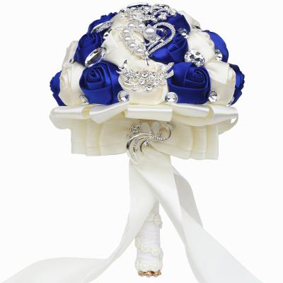 China Fashional Handcraft Bridesmaid 25cm Bridal Size Blue Silk Flowers Wedding Bouquets For Wedding for sale