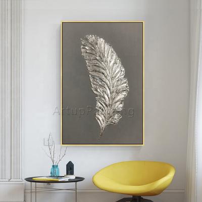 China Modern Silver Feather Painting On Canvas Art Modern Picture For Living Room Wall Acrylic Hand Painted Decor For Shop Home for sale