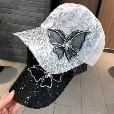 China 5-Panel the Amazon hat sells summer luxury women's hat diamond pearl butterfly sequin flower fashionable baseball caps for sale