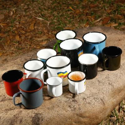 China DX Rim Metal Sublimation Enamel Camping Mug Viable Custom Reusable Coffee Tea Mug Rolled Mug With Handle for sale