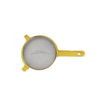 China Sustainable Bakeware Tools Yellow Plastic Handle Stainless Steel Mesh Strainer for sale