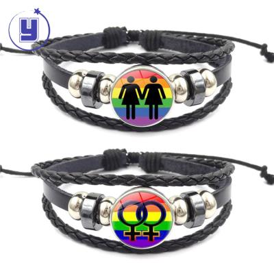 China Wholesale Romantic Pride Multilayer Leather Beaded Bracelet Gay Lesbian Rainbow Bracelets for sale