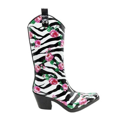 China Fashion trend wholesale waterproof big print with cotton striping long rubber boots anti slip women high heel rain rubber cowboy boots for sale