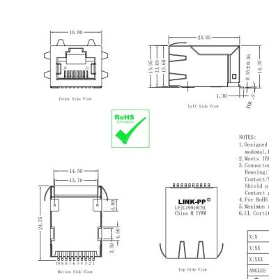 China Gigabit Magnetics ARJ-102S SMT 1x1 Port RJ45 Magjack Connector for sale