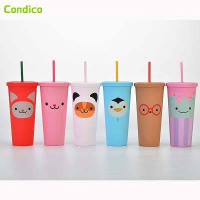 China BPA Free Custom Creative Double-Layer Summer Cartoon Straw Water Bottle Reusable Plastic Plastic Cup Viable With Straws for sale