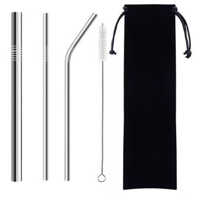 China Sustainable Daily Reusable Stainless Steel 304 (18/10) Straight Bend Bar Straws Set Metal With Cleaner Brush In Pocket for sale