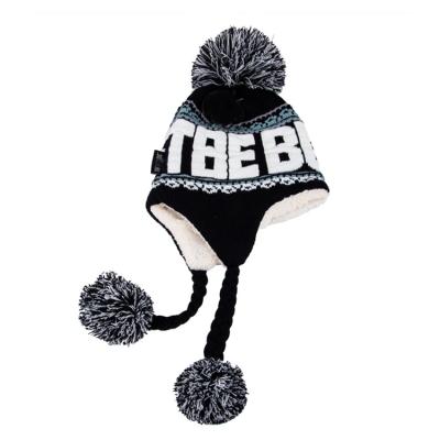 China Warm Baby Kids Character Fashion Jacquard Thick Winter Hat Custom Knit Flapper Beanie With Ear Pom for sale