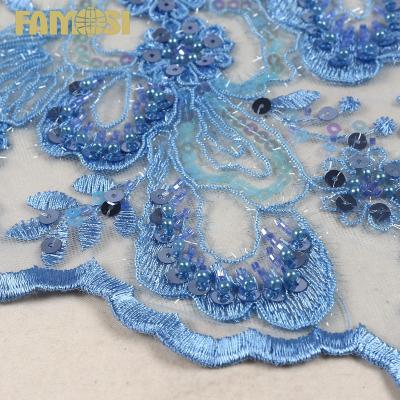 China Viable luxury design sky biue lace fabric machine embroidery beads with sequins for dress dress for sale