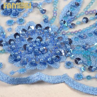 China another 5 yards African fabrics lace beaded pearl with sequins embroidery Tulle lace fabric stock lot for dress dresses for sale