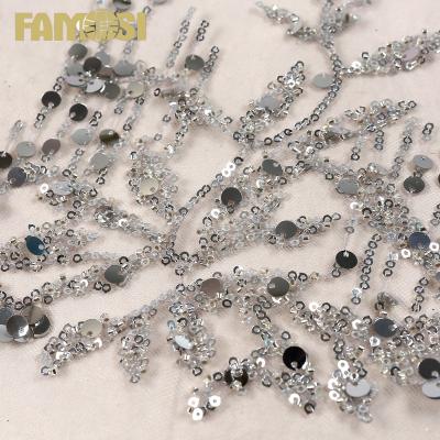 China Other Design Machine Fancy Beads Lace Up Fabric Embroidery With Shiny Sequins For Wedding Dress for sale