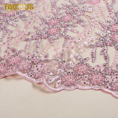 China Other french lace fabric material beaded sequin topone textile mesh design with beads for women for sale