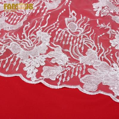 China Other Austria Luxury Design Ivory Flat Embroidery Tulle Lace Fabric With Clear Order For Wedding Dresses for sale