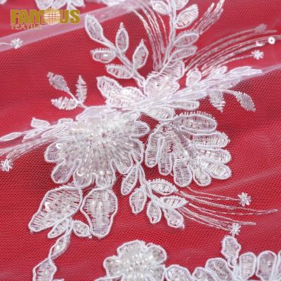 China Other Wholesale Price Soft French Mesh White Rope Beaded Sequin Embroidery Lace Fabric Material For Wedding Dress for sale