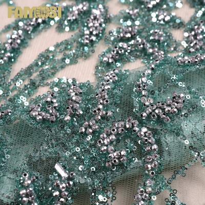 China Other latest design of high quality sugar glitter mesh green aqua embroidery beaded lace fabric for party for sale