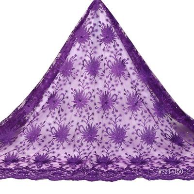 China Other high quality nigerian african lace fabric purple lace fabrics with beads and stones for dress dresses for sale