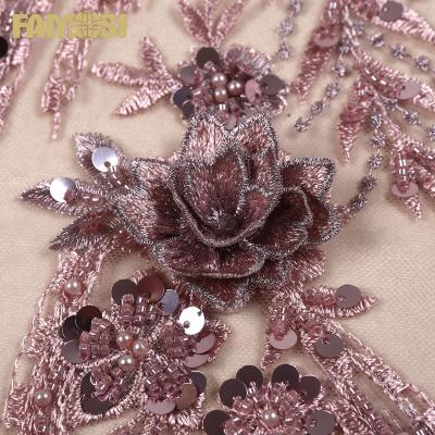 China other stock lot 3d applique shiny sequins beaded embroidery lace fabric with small beads for dress dress for sale