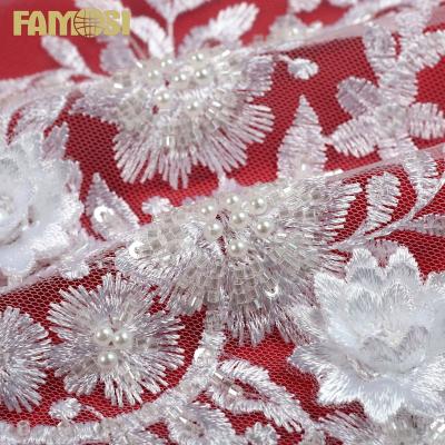 China Other best choice white swiss geometric beaded wedding dress 3d lace fabric with sequins for bridal for sale