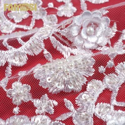 China Other quality topone white 3d applique beautiful wedding bridal beaded embroidery lace fabric for ladies for sale