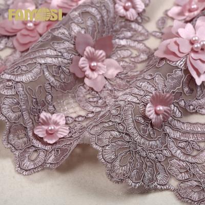 China Sustainable luxury design 3d flower lace embroidery fabric with crystal bead for women dress for sale