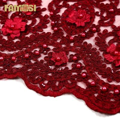 China Other Fabric Luxury Design Red Rope Sequins Embroidery Lace Fabric With Crystal Bead For Evening Dress for sale