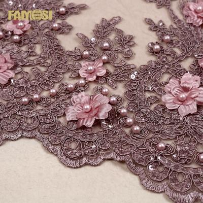 China Other Turkey Lace Fabric 3d Flower Rope Embroidery Design With Bead For Evening Dress for sale