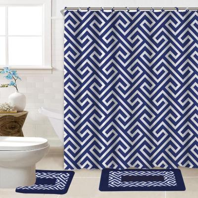 China Viable 15PC FASHION PRINTED BATH MAT SET WITH NAVY 1PC 12PC SHOWER CURTAIN FABRIC HOOKS for sale