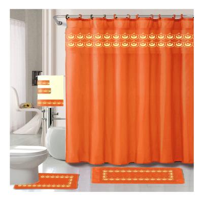 China Sustainable Design Collection 18PCS Luxury EMBROIDERY BATH MAT SET, 1 Shower Curtain 1 Cutout Cover 12 Fabric Hooks 3pc Printed Towel 1 for sale