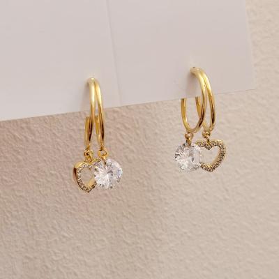 China Romantic Hyacinth Temperament Flash Zircon Silver Needle Heart Shape Pendant Double Layer Circle Earrings for sale