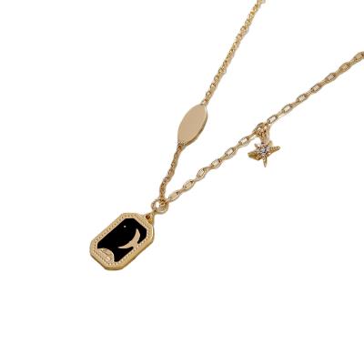 China Cute Hyacinth Korean Retro Zircon Star Moon Gold Necklace With Black Enamel Square Necklace for sale