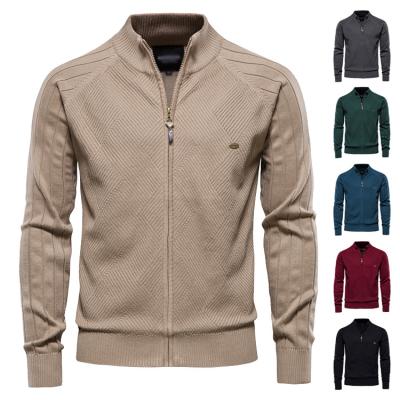 China Stand Collar Anti-Shrink Mens Solid Color Knitted Cardigan Sweater Jacket for sale