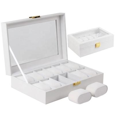 China PU Leather Watch Box 12 Slots Watch Glass Display Organizer Custom White Leather Box for sale