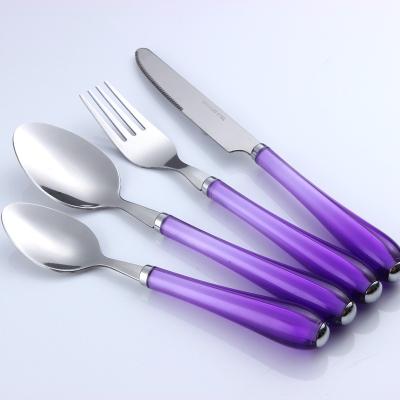 China Sustainable SS430 Cutery Set 18/0 With 4/20PCS Stainless Steel Cutlery Set Purple Plastic Handle Flatware Sets for sale