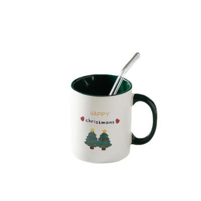 China Christmas Sustainable Ceramic Mug With Silicone Lid Ins Wind Cartoon Mug With Straw for sale