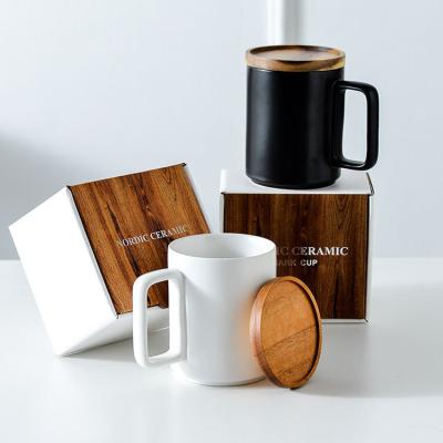 China MAIMAI Viable Custom Nordic Mug Large 15oz Matte Black White Ceramic Coffee Mug With Wooden Lid Gift Box for sale