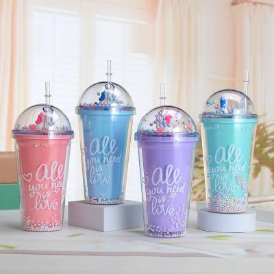 China Custom Clear Reusable Drinking Direct Drinking Plastic Cup Stocked Glitter Plastic Love Double Insert Wall Paper Travel Drinking Cup With Straw for sale