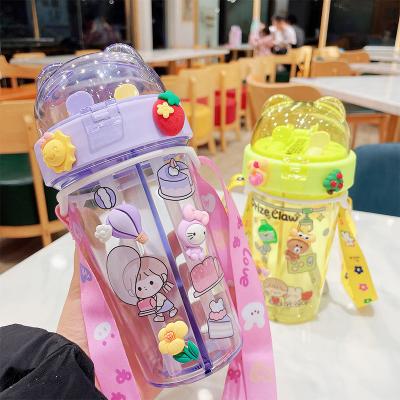 China Cute 420ml Straw Drink Bottle Dual Two Straw Bottle Fancy Plastic Children Portable Stored Double Compartment S Water Bottles for sale