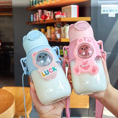 China Hot Selling Stocked Plastic Kids Water Cup Cute Printing Child Kids Drinking Water Bottles With Straw Shoulder Strap for sale