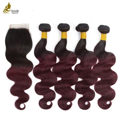 China 4 Bundles Colored Virgin Hair Extensions T1B / 99J With Closure Body Wave for sale