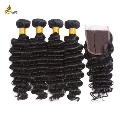 China 8A Virgin Brazilian Deep Wave Human Hair 3 Bundles With Closure Hair Extensions for sale